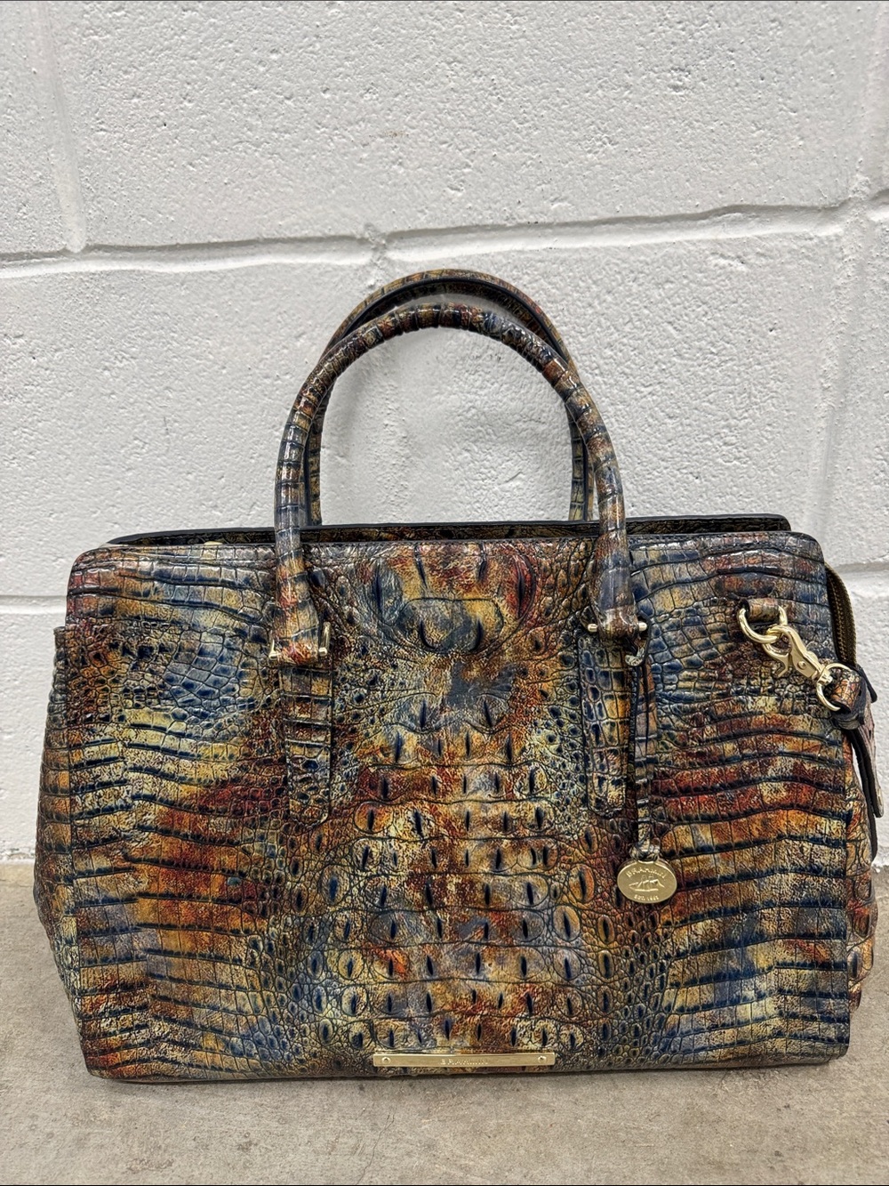 Brahmin Multicolor Croc-Embossed Satchel in Blue, Brown & Tan - Picture 1 of 9